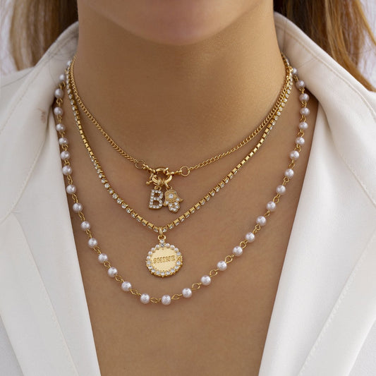 Jewelry Design Sense Simple Diamond Letter Tag Necklace Retro Versatile Pearl Chain Necklace