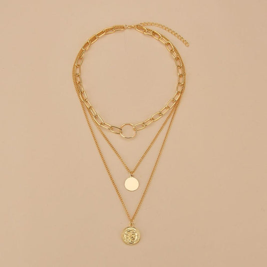 Simple multi-layer round iron sheet alloy pendant necklace fashion square line chain necklace collarbone chain
