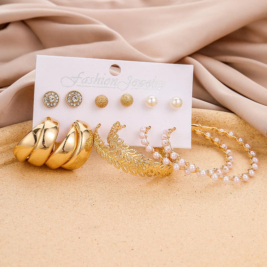Trendy and personalized pastoral wheat ear pearl C-shaped earring simple small fresh and beautiful earring set