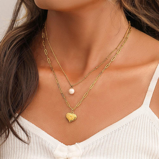 Fashion and simple temperament stainless steel gold double love pearl pendant necklace clavicle chain all-match