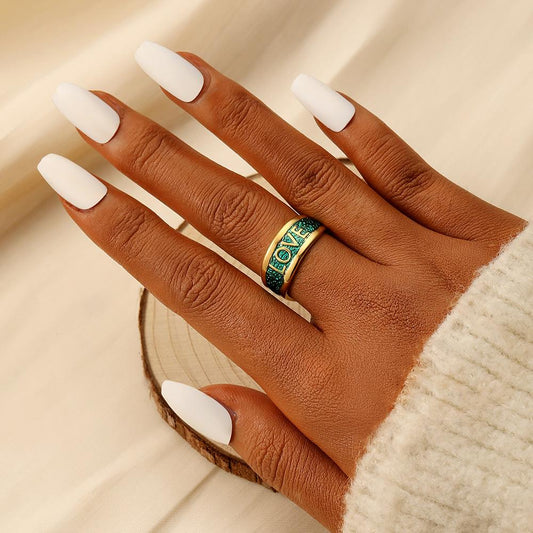 Personality fashion simple niche design ladies stainless steel opening LOVE blue green oil drop ring titanium steel ring