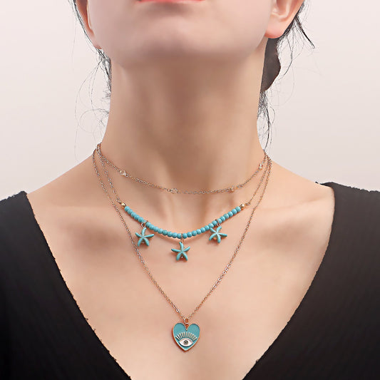 Beach Trend Devil's Eye Necklace Women's Multilayer Necklace Metal Starfish Ocean Jewelry