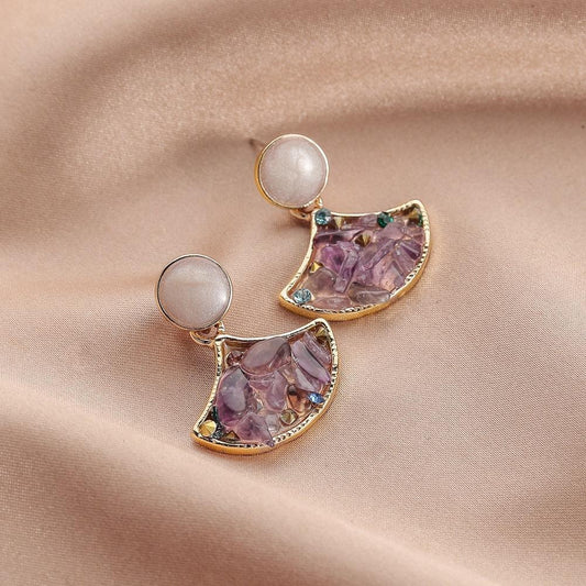 Jewelry fashion fan-shaped purple amethyst broken diamond head earrings personality drop oil color diamond group pendulum earrings