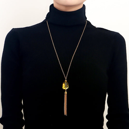 Jewelry Autumn and Winter Tassel Long Sweater Chain Advanced Sense Yellow Transparent Crystal Necklace Versatile