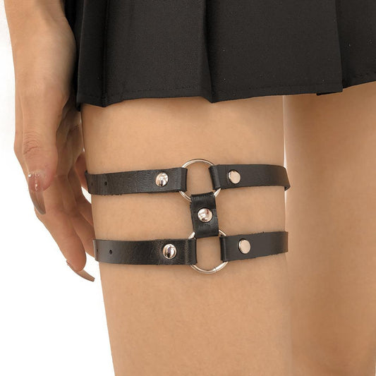 C261 Dark leather double-layer leg ring exaggerated geometric trendy cool leg decoration Gothic personality leg chain female