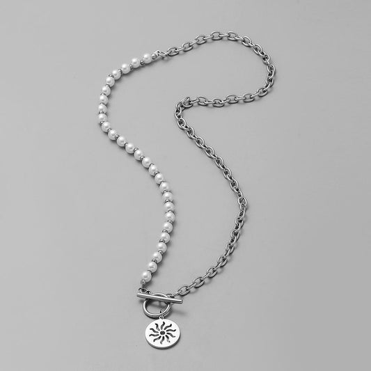 Punk hip-hop trend boy out street sweater chain simple personality stainless steel round coin OT buckle necklace