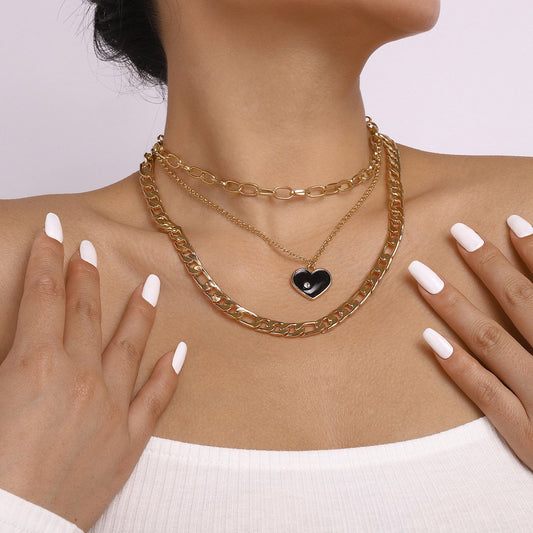 N1146 Necklace multi-layered hip-hop dripping oil heart necklace Cuban chain exaggerated necklace