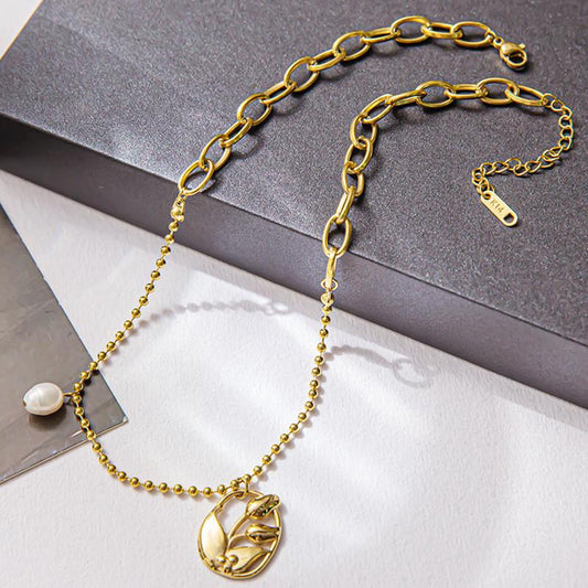 Niche light luxury design embossed tulip necklace female freshwater pearl drop glaze rose necklace retro