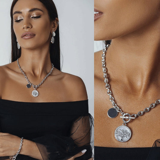 Jewelry fashion diamond life tree black and white mother-of-pearl pendant necklace female metal aluminum thick chain necklace