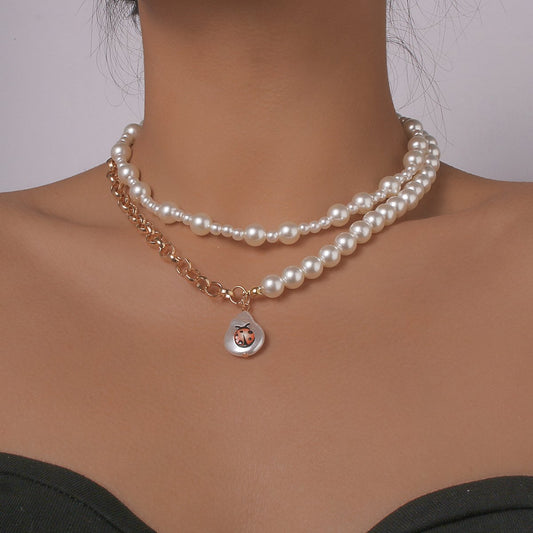 N1115 Xiaoxiang Net Red Necklace Women's Mosaic Pearl Cute Drop Oil Necklace Atmospheric Elegant Geometric Necklace