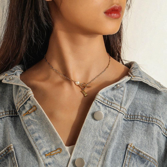 Dongdaemun Stainless Steel OT Buckle Pearl Bow Letter Necklace Individual Simple Necklace