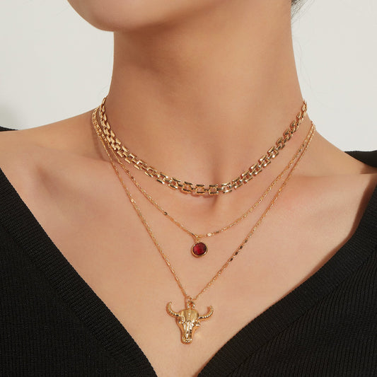 Jewelry fashion double-layer trend bull head ladies necklace personality ruby temperament popular