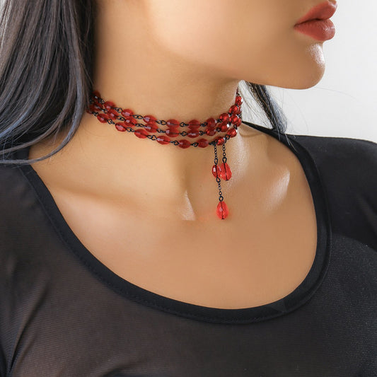 Jewelry sweet cool JK gothic imitation crystal dripping blood necklace personality retro metal tassel necklace