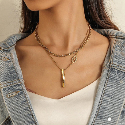 Fashion stainless steel gold double layer water wave chain titanium steel bar pendant necklace clavicle chain women