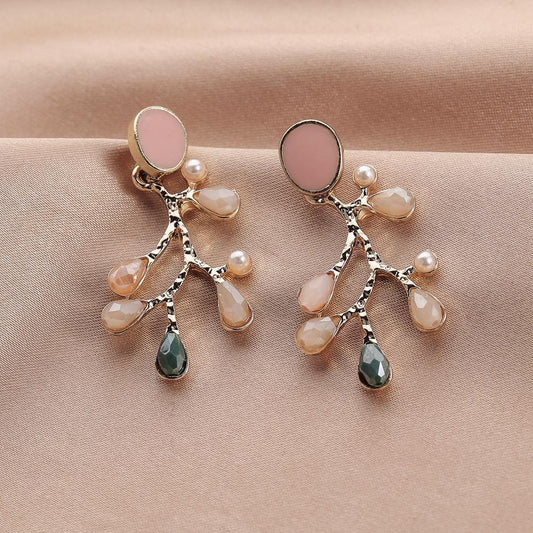 Temperament drop oil water drop resin pearl branch earrings small fresh pastoral forest series ladies earrings