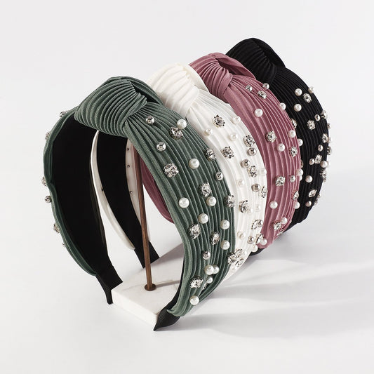 F5144 Retro geometric knotted pleated texture headband personality light luxury beaded rhinestone niche headband