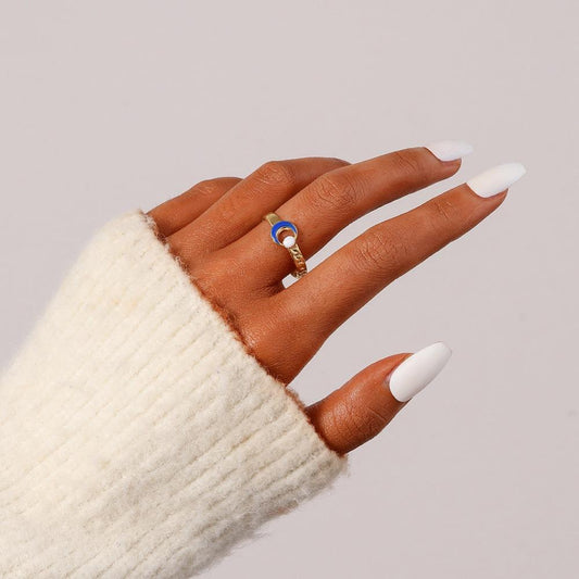 Simple fashion niche ladies stainless steel open chain stripe dripping oil moon adjustable ring