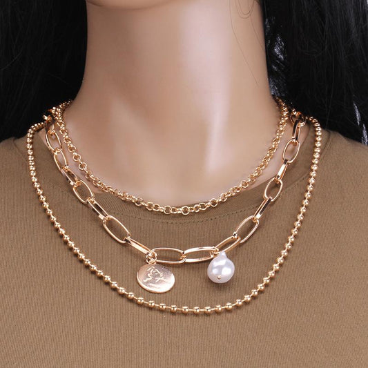 Fashion special-shaped pearl portrait coin decoration ins cold temperament double-layer set chain