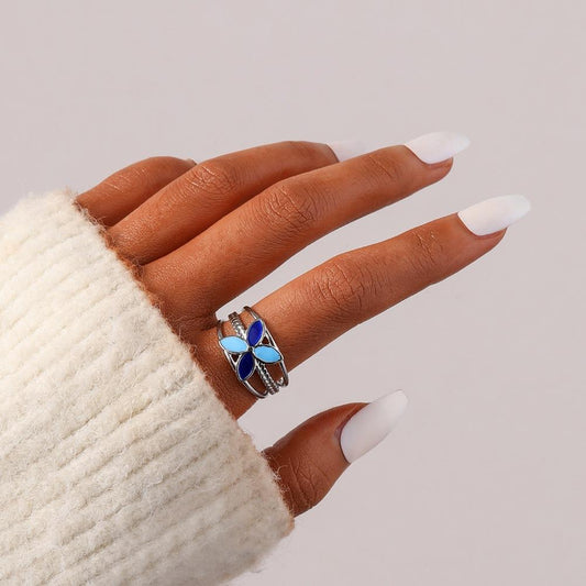 Simple Retro Ladies Stainless Steel Fashion Opening Adjustable Color Matching Four Leaf Flower Oil Drop Ring