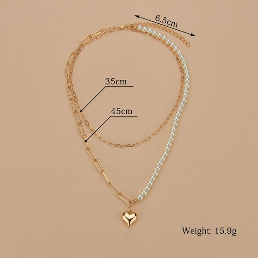 Golden Love Chain Pearl Stitching Double Stacked Necklace Fashion Ins Cold Clavicle Chain Necklace