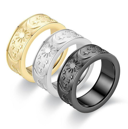 Fashionable sun, moon and stars titanium steel couple ring personality men's stainless steel ring