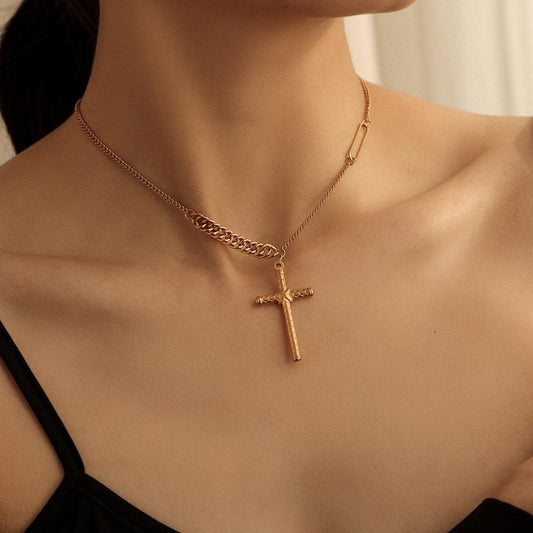 Retro Fashion Stainless Steel Cross Pendant Necklace Simple Color Retaining Metal Thick and Thin Chain Clavicle Chain
