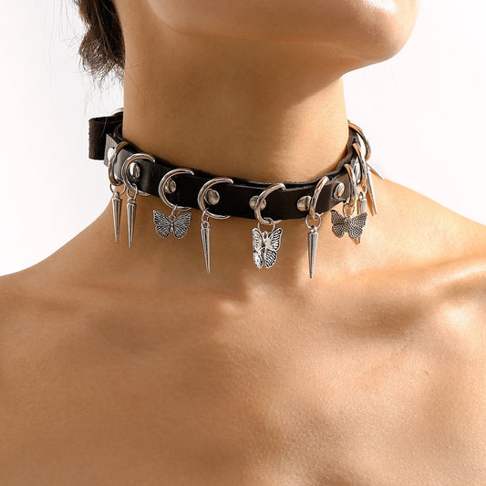 N1867 Sweet and Cool Personality PU Collar Female Rivet Butterfly Creative Rock Harajuku Leather Necklace