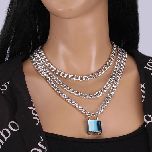 Ins cold fashion popular geometric multi-layer necklace trend padlock pendant clavicle chain female