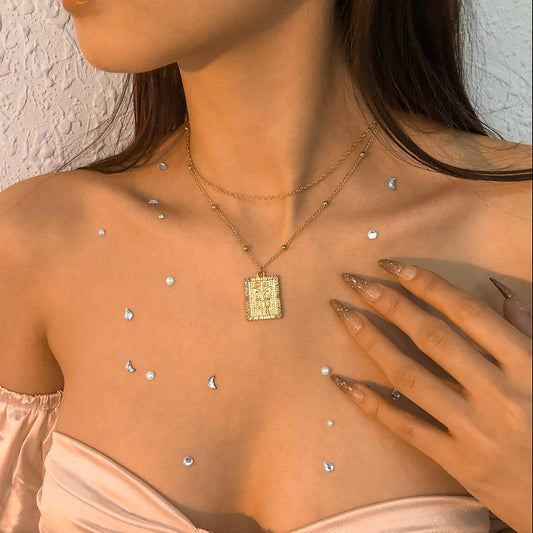 N9479 Fashion Simple Necklace Geometric Butterfly Square Pendant Necklace Metal Creative Double Layer Necklace
