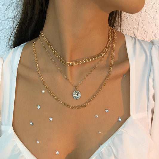 N9692 Multilayer Necklace Geometric Glass Diamond Thick Chain Necklace Fashion Temperament Alloy Necklace