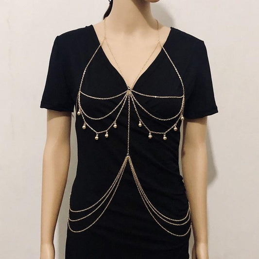 Multilayer Tassel Chest Chain Fashion Water Drop Ball Bead Waist Chain Sexy Beach Bikini Body Chain Women