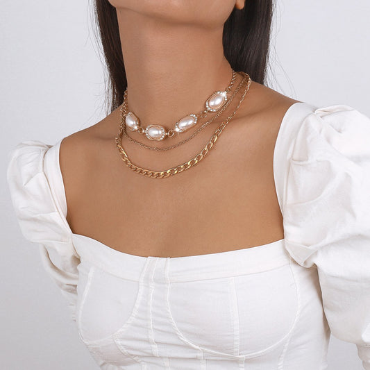 N182 jewelry personalized multi-layer twist Cuban chain imitation pearl necklace temperament geometric necklace