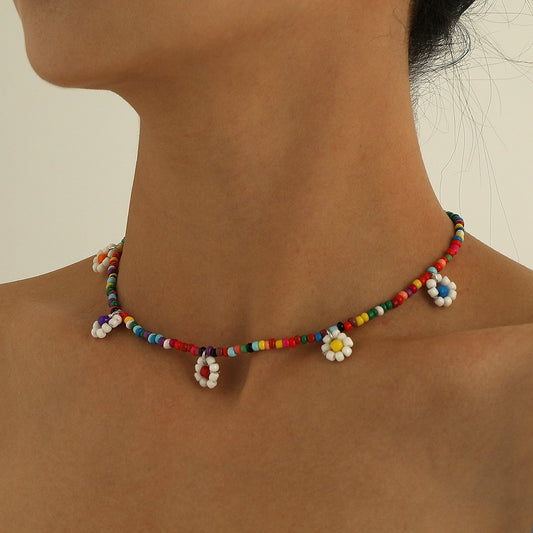 Jewelry Fashion Colorful Rice Beads Flower Pendant Necklace Female Simple Trendy Personality Popular Necklace