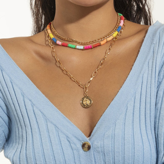 Jewelry Ethnic Color Soft Pottery Portrait Tag Necklace Retro Metal Chain Set Necklace