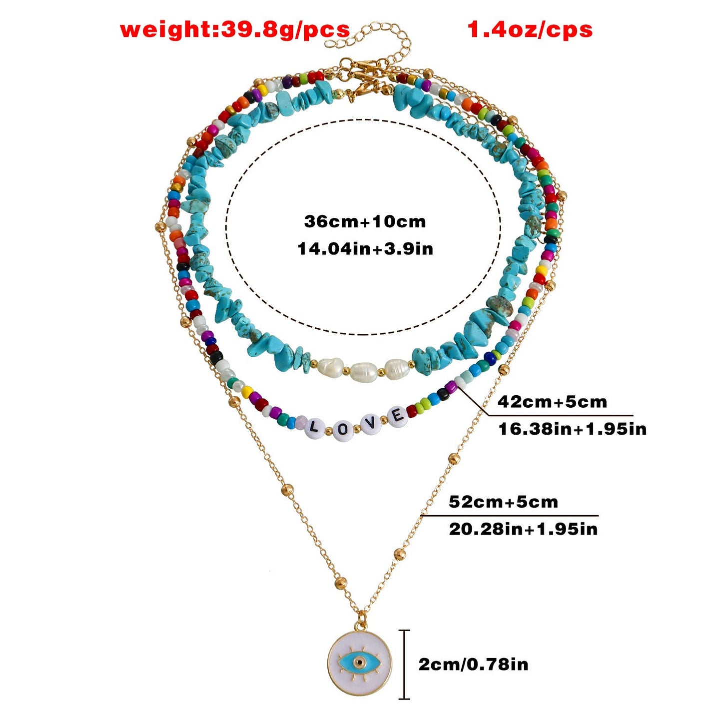 Jewelry multi-layer color rice beads turquoise devil's eye pendant necklace fashion cold necklace