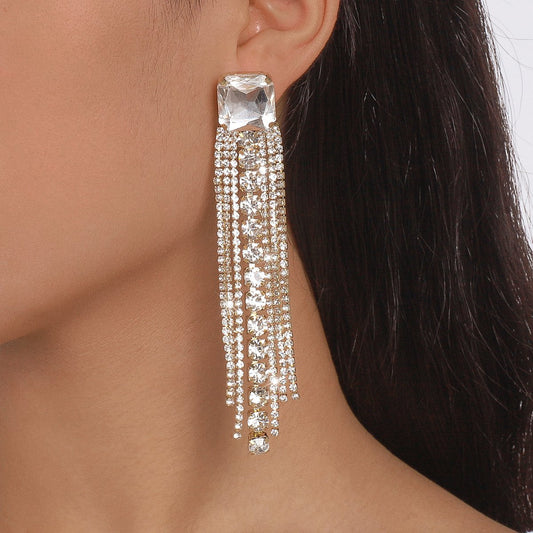 E1599 Light luxury temperament rhinestone tassel earrings exaggerated claw chain net red long fashion earrings women