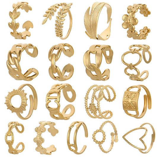 Personality adjustable stainless steel open ring simple feather leaf titanium steel ring jewelry female