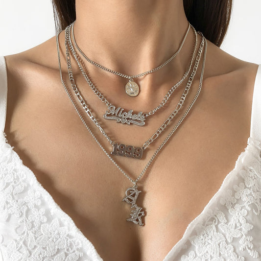 Metal Round Number Pendant Necklace Hip Hop Retro Diamond-studded Alphabet Clavicle Chain Necklace