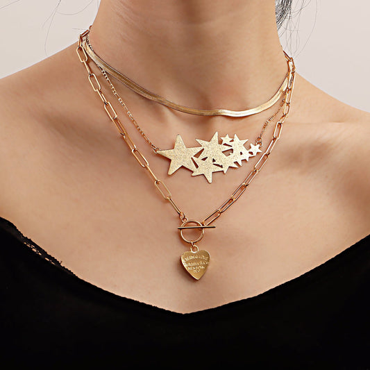 Retro fashion multi-layered simple love five-pointed star pendant necklace ins clavicle chain jewelry
