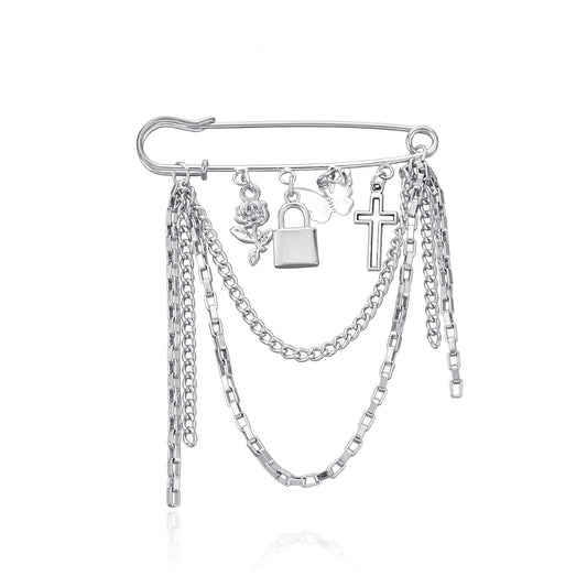 Jewelry multi-element lock cross brooch female retro trend metal chain pin accessories
