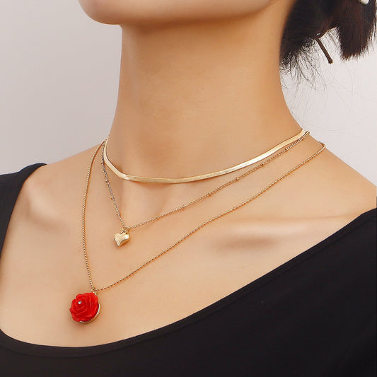 Jewelry Multilayer Love Rose Pendant Necklace Sweater Chain Fresh and Natural Niche Design Sense Necklace