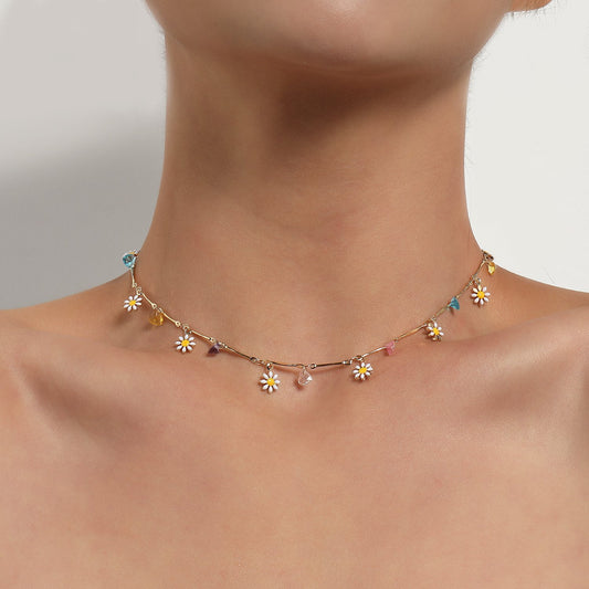 Jewelry Colorful Gem Straight Tube Chain Necklace Female Simple Temperament Painted Drop Glaze Flower Necklace
