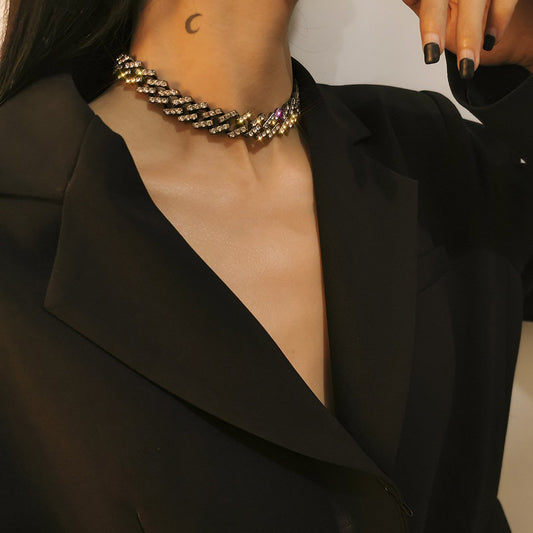 Jewelry Retro Color Diamond Chain Necklace Temperament All-Match Full Diamond Cuban Buckle Clavicle Necklace