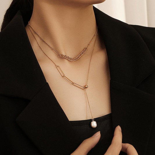 Stainless Steel Light Luxury Irregular Pearl Pendant Adjustable Chain Necklace Titanium Steel Sexy Clavicle Chain Women