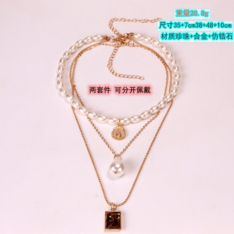 Retro round coin gemstone multi-layer necklace baroque personality trend clavicle chain