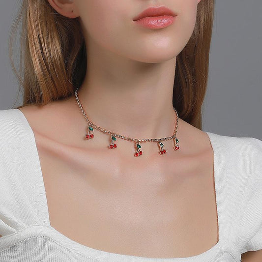 Rhinestone Cherry Necklace Hip Hop Tennis Chain Cherry Pendant Necklace Small Fresh Single Row Micro-studded Diamond Necklace