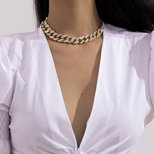 Jewelry Temperament Light Luxury Full Diamond Cuban Buckle Necklace Hip Hop Punk Adjustable Chain Necklace