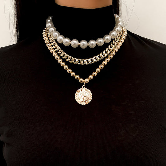 Jewelry Temperament Simple Imitation Pearl Set Necklace Personality Hip Hop Bead Chain Portrait Necklace