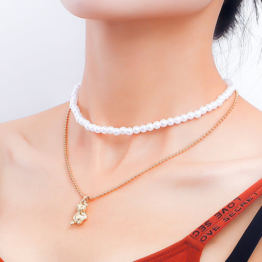 Jewelry Double Beaded Imitation Pearl Bear Pendant Necklace Women