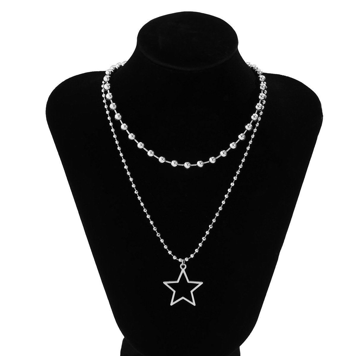 Jewelry Sweet and Cool Metal Bead Mix and Match Necklace Punk Star Hollow Pendant Double Necklace Female